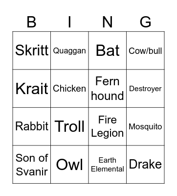 Quaggan Bingo Card