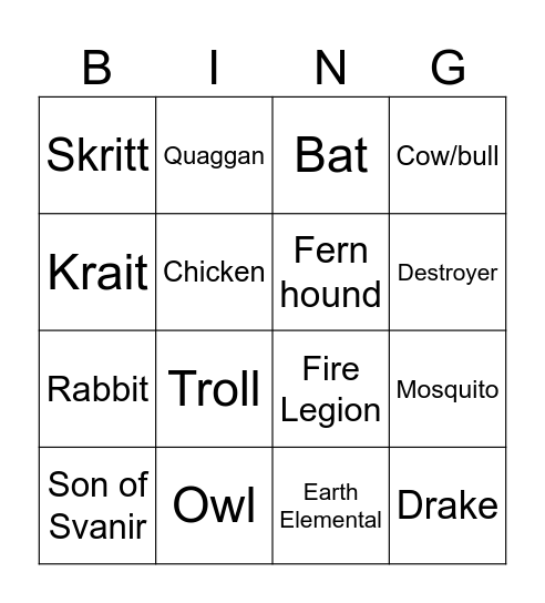 Quaggan Bingo Card