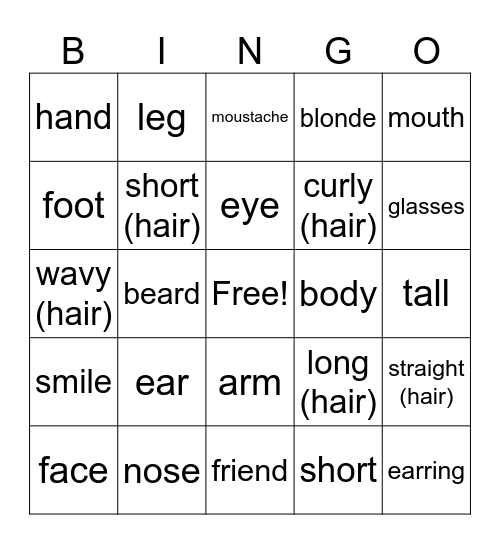 body parts & describing someone Bingo Card