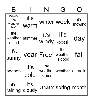 Weather / Seasons / Months Bingo Card