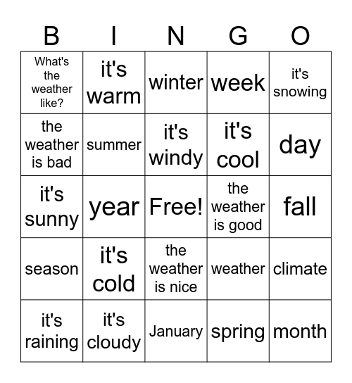 Weather / Seasons / Months Bingo Card