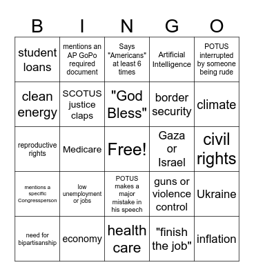 2024 State of the Union Address Bingo Card