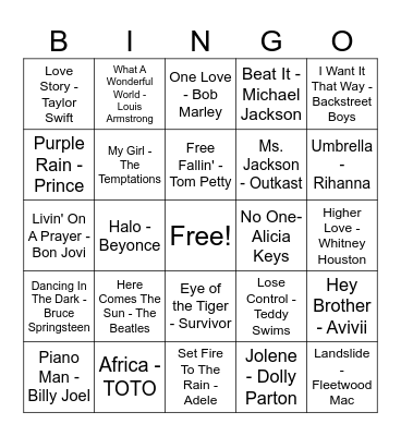 Name That Tune Bingo Card