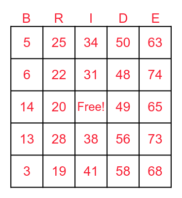 Sharon's Bridal Bingo Card