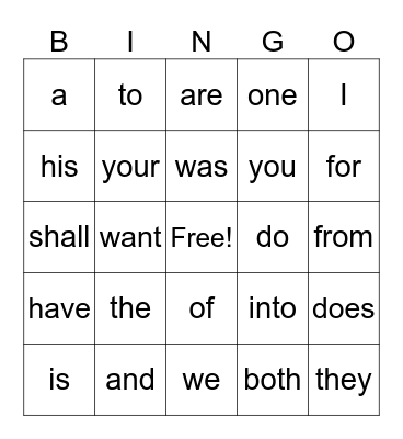 Sight Words Bingo Card