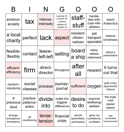 高三下第二周词汇复习 Bingo Card
