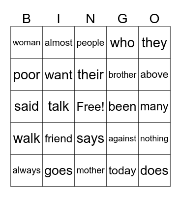 Heart Word Review Bingo Card