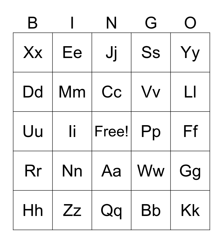 lowercase and uppercase Bingo Card
