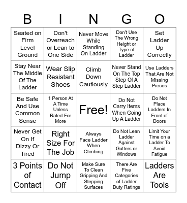 Ladder Safety Bingo Card