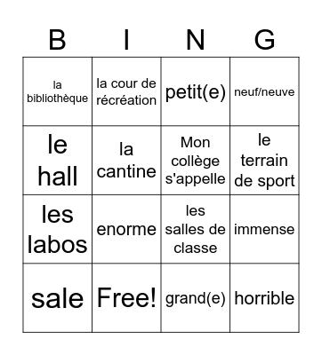 School facilities Bingo Card