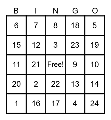 NUMBER BINGO Card