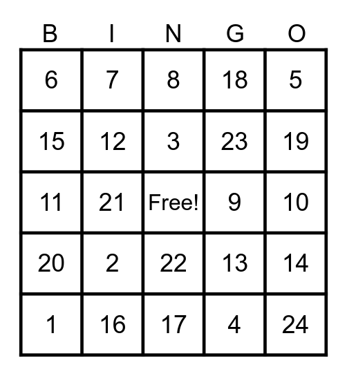 NUMBER BINGO Card