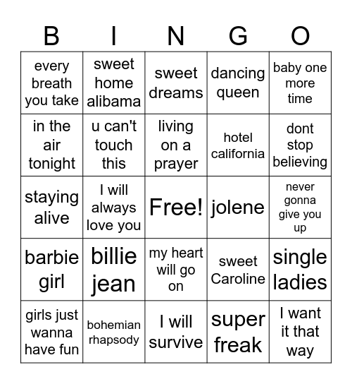 songs everyone should know Bingo Card