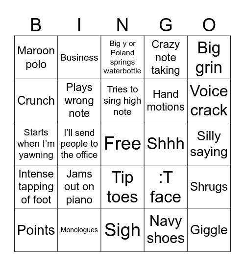 Chorus Bingo Card