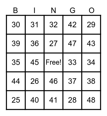 Number Bingo Card