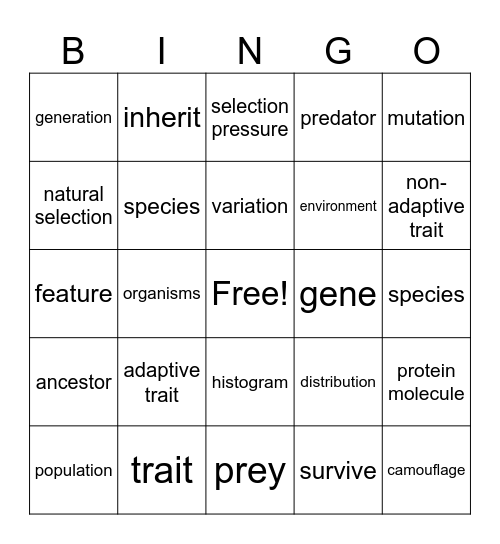 Natural Selection Bingo Card