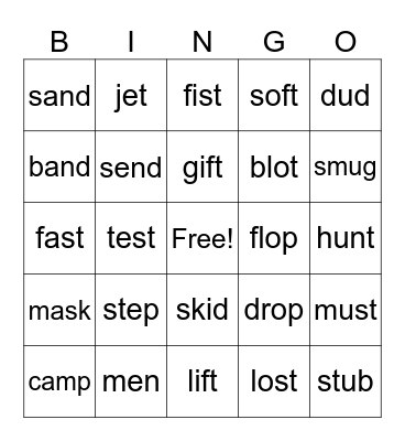 Short Vowels Bingo Card