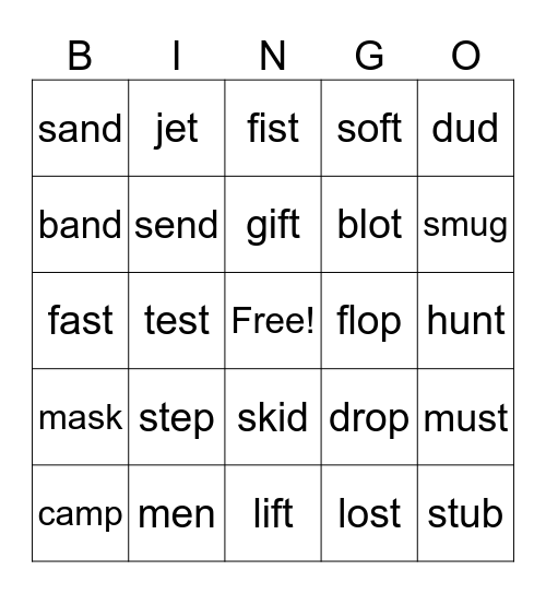 Short Vowels Bingo Card