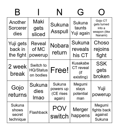 JJK Chapter Leaks Bingo Card