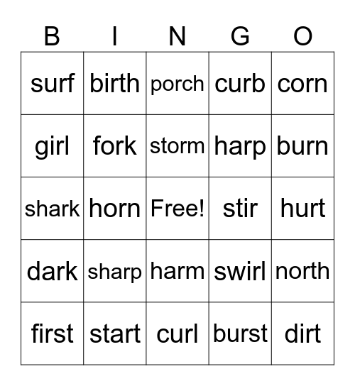 r-controlled vowels Bingo Card