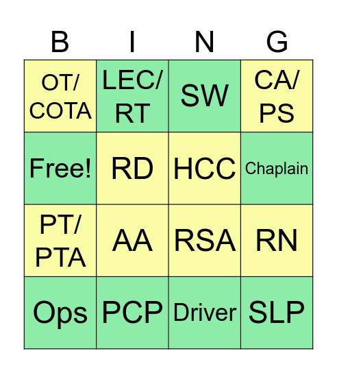 Team Member Bingo Card