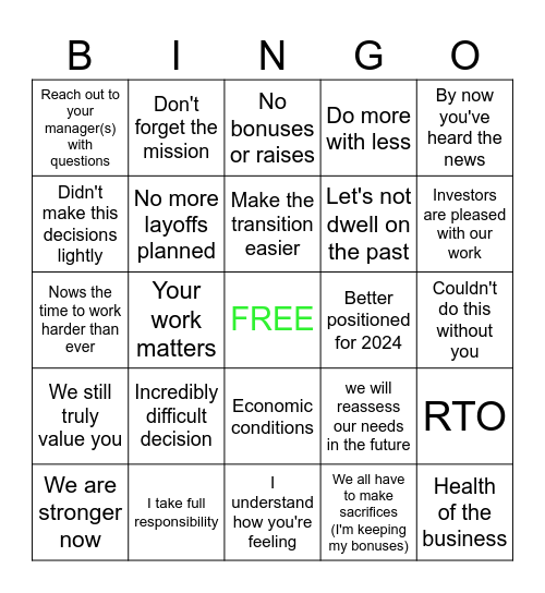 Layoff BINGO Card