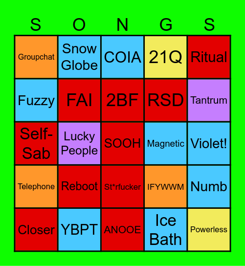 WATERPARKS SETLIST PREDICTIONS Bingo Card