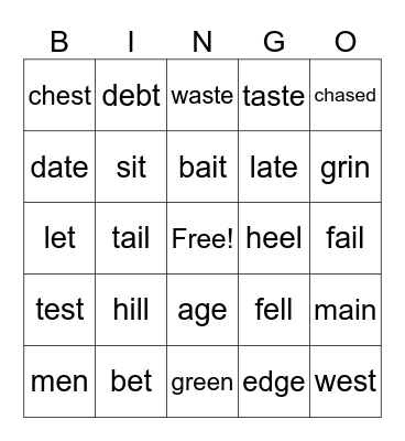 Minimal Pairs: long a, short e sounds Bingo Card
