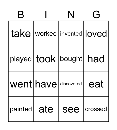 Regular and Irregular Verbs Bingo Card
