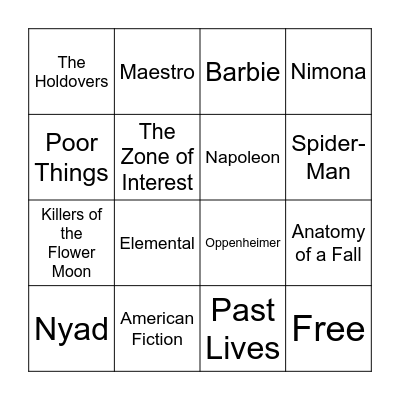 Oscars 2024 Bingo Card