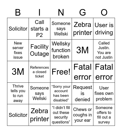 Help Desk Bingo Card