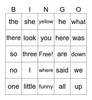 Sight Words Bingo Card