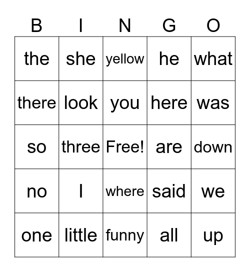 Sight Words Bingo Card
