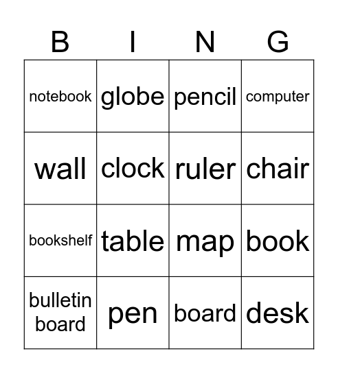 Classroom Items Bingo Card