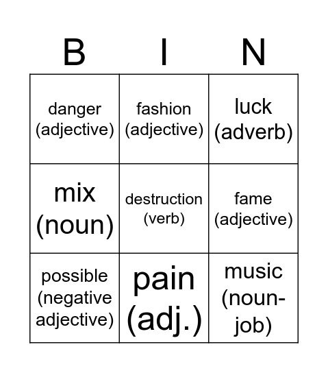 Word Formation Bingo Card