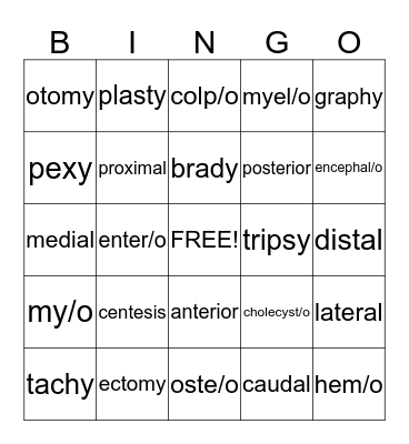 Medical Terminology Bingo Card