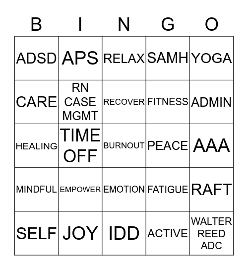 Compassion Fatigue Bingo Card