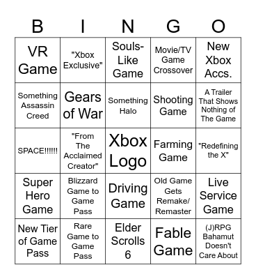 Xbox Showcase Bingo Card