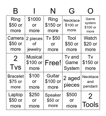 Layaways!! Bingo Card