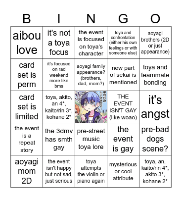 Toya4 predicts Bingo Card