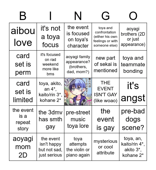 Toya4 predicts Bingo Card