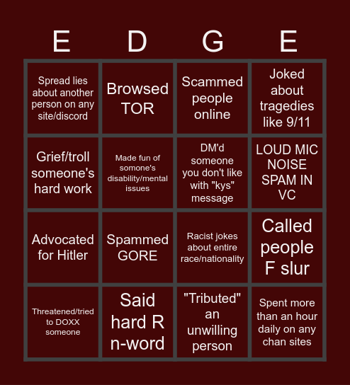 Online Edgelord Bingo Card