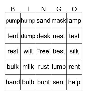 CVCC Words Bingo Card