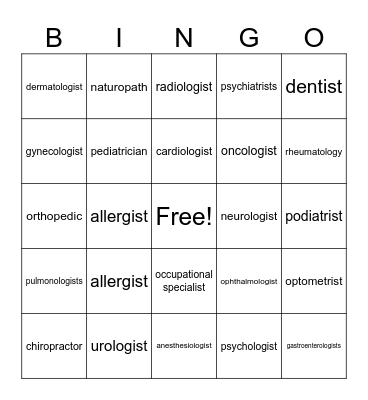 Medical Specialists Bingo Card