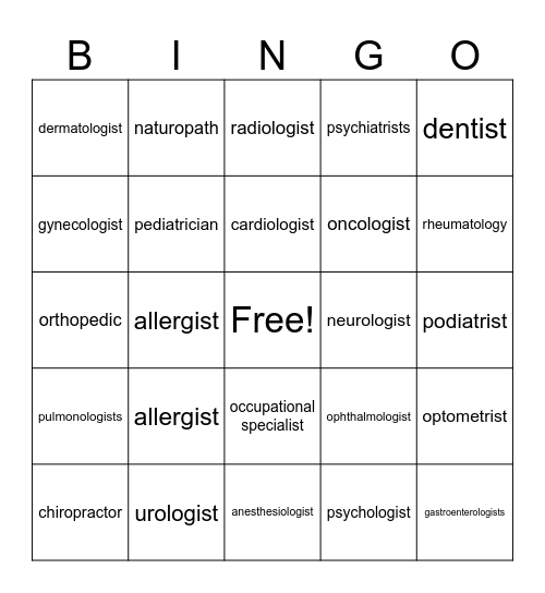Medical Specialists Bingo Card