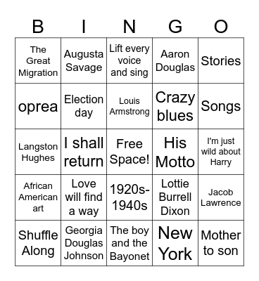 Harlem Renaissance Bingo Card