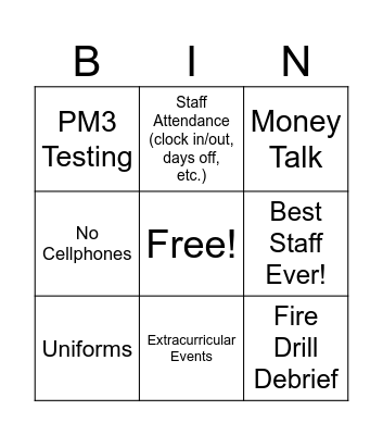 Staff Meeting Bingo Card