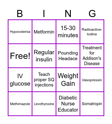 Endocrine and Diabetes Bingo Card