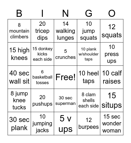 Strength & Conditioning Bingo Card