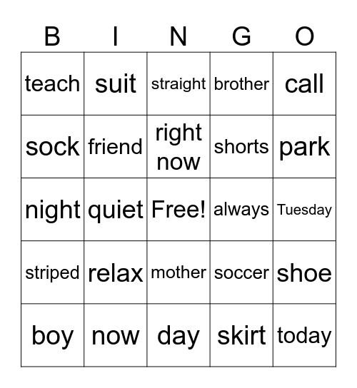 Uni1 Vocabulary Bingo Card